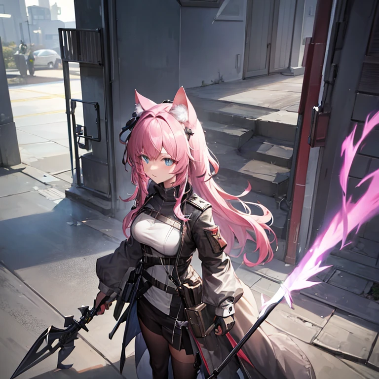 Need to create a single character image，The style is similar to the character portraits of the mobile game Arknights，Race is the film in the game，From the in-game country Victoria，Occupation is the intelligence unit of the country in the game Gray Hat。Age 18 years，Height 1.5 meters。She is a cat girl loli，The hair is pink，Petite and cute，But there is great power hidden under the dark uniform，Good appearance，There is a murderous atmosphere，But the walking posture is a bit silly。She wears combat gloves.，There is a mask on the face，There is a grey top hat on his head，But cat ears can be seen。The weapon she holds in both hands is a very large axe，This weapon is even taller than her height.。