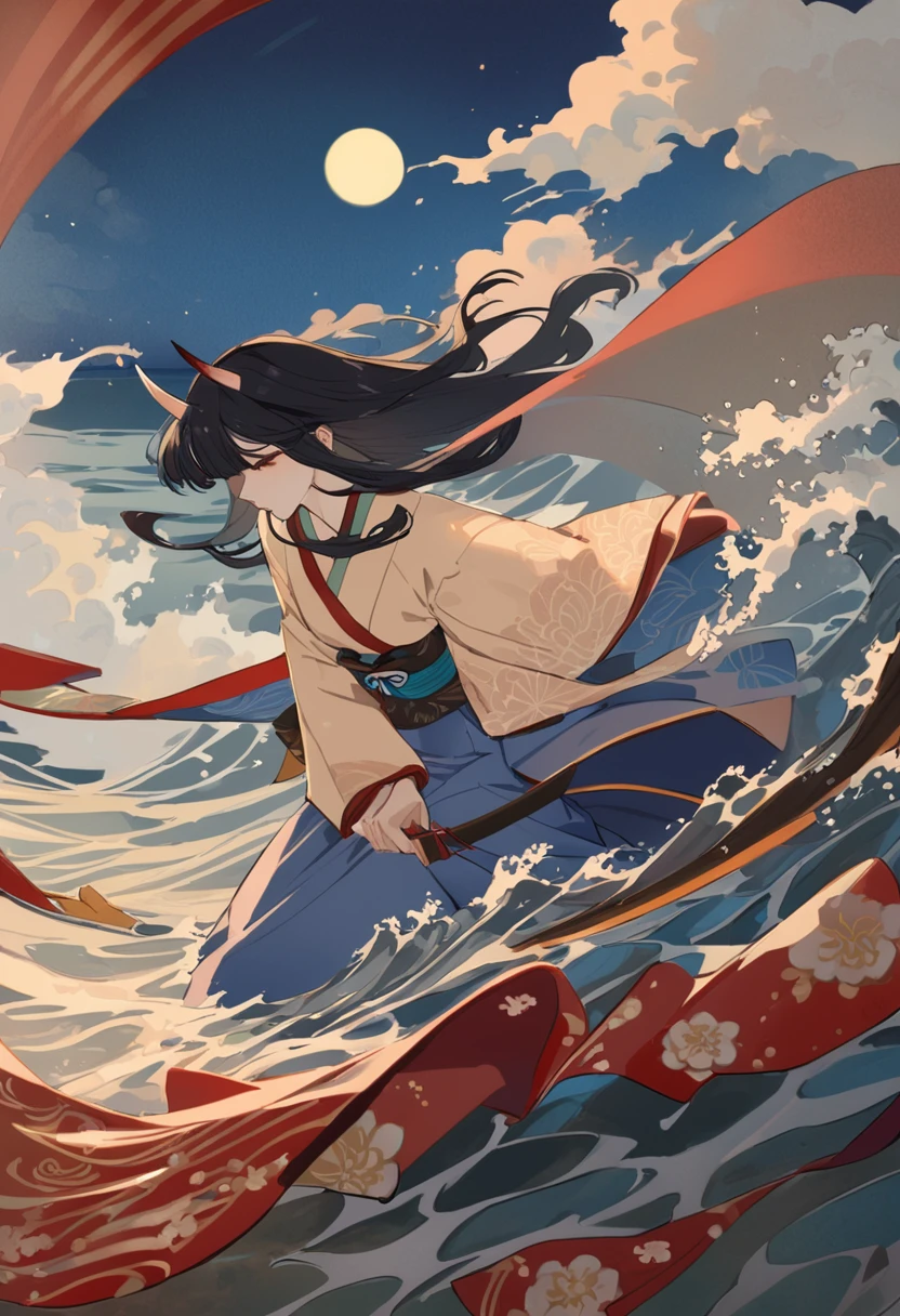 (masterpiece, best quality:1.1),flat color,
woman standing on waves,sad,
oni horn,
navy long hair,hair over eyes,
pale skin,
blue and white kimono,
stormy sea,midnight,newmoon,
gray background,
Ukiyo-e style illustration,dynamic angle,dynamic angle,beautiful lighting,photographic portrait, sharp,