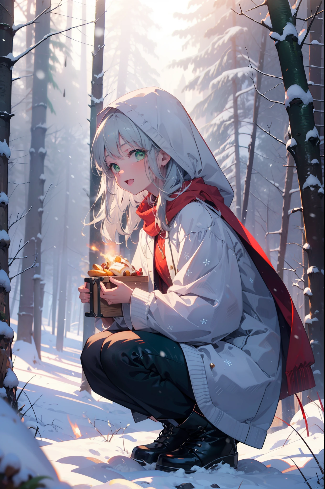index, index, (Green Eyes:1.5), Silver Hair, Long Hair, (Flat Chest:1.2),happy smile, smile, Open your mouth,
Open your mouth,snow, fire, Outdoor, boots, snowing, From the side, wood, suitcase, Cape, Blurred, Food Up, forest, White handbag, nature,  Squat, Mouth closed, フードed Cape, winter, Written boundary depth, Black shoes, red Cape break looking at viewer, Upper Body, whole body, break Outdoor, forest, nature, break (masterpiece:1.2), highest quality, High resolution, unity 8k wallpaper, (shape:0.8), (Beautiful and beautiful eyes:1.6), Highly detailed face, Perfect lighting, Highly detailed CG, (Perfect hands, Perfect Anatomy),
