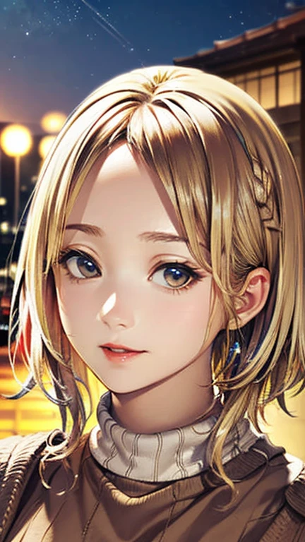 (Top quality masterpiece:1.2) Delicate illustrations, Very detailed, /Beautiful Japanese Woman、1 person,Very cute and slim、Excellent style 、((8K images、super high quality))、Very delicate face, Beautiful forehead、Beautiful thighs、Bright red lipstick,(((((Middle Hair、Light brown hair、Blonde hair))))),very cute、Kind eyes,((((Tight sweater))))、starry skies、Tokyo night view