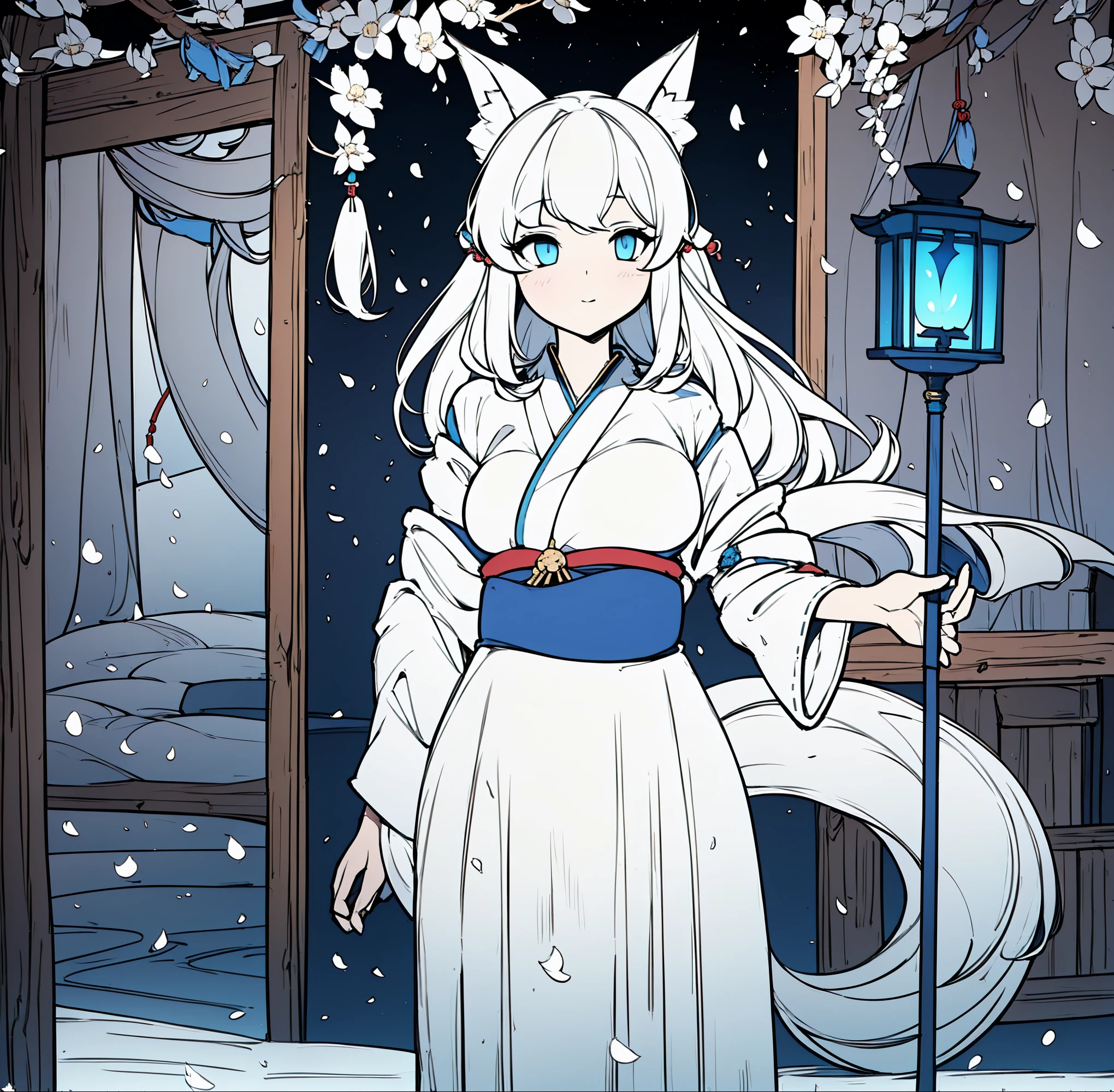 Kitsune-Mädchen mit weißem Fell, mit blau-weißem Schreinjungfrauenkostüm, einfaches Zeichnen, keine Licht- und Schattenschattierungen, reife 2 auf der Suche, mit einem japanischen Lampenstab, 