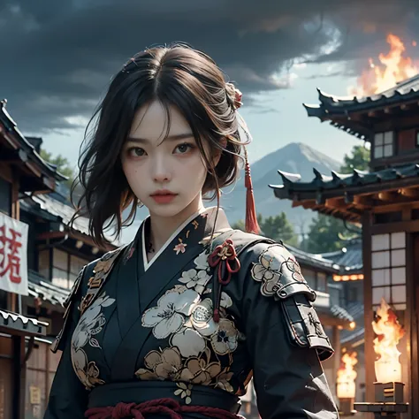 In front of a burning house background、A girl holding a Japanese sword in a middle stance。 (highest quality、Super detailed、Real、...