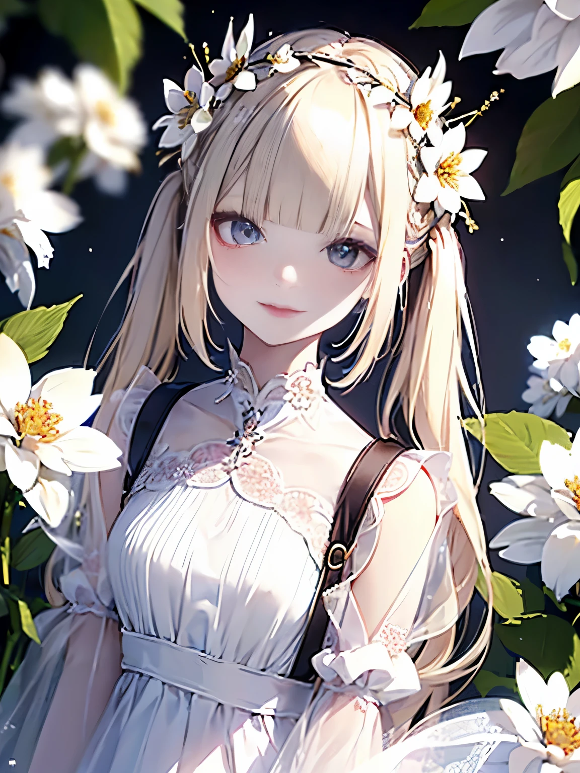 raw photo, 8k, (top-quality), Realistic, (real picture, Intricate details), (natural skin texture, detailed skin, hyper realism, sharpness), Japanese teenage girl dancing in the clear sky high, (white flowers, white petals:1.2, On the mysterious hill where white flowers bloom, jumping high), ((white dress, see-through dress, white flower hair ornament, flower crown, look far away)), (pale skin:1.2), slender body, ((light blond hair:1.3,bun hairstyle, blunt bangs)), (Parted lips:1.3, eye shadow, eyeline, tear bag:1.2, red lip, undereye circle, smile), sunlight, full body shot