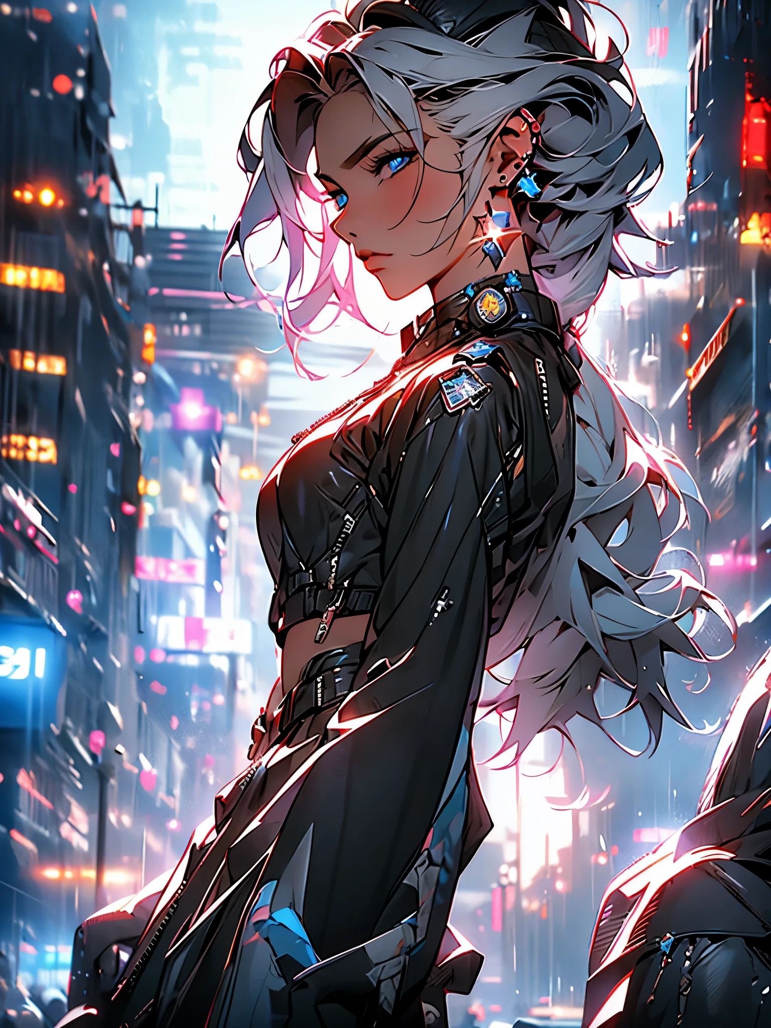 Retrato de natlp como uma bela modelo feminina, Georgia Fowler, rosto bonito, com cabelo castanho escuro curto, in cyberpunk city at night. She's wearing a leather jacket, black pants, dramatic lighting, (police badge:1.2)