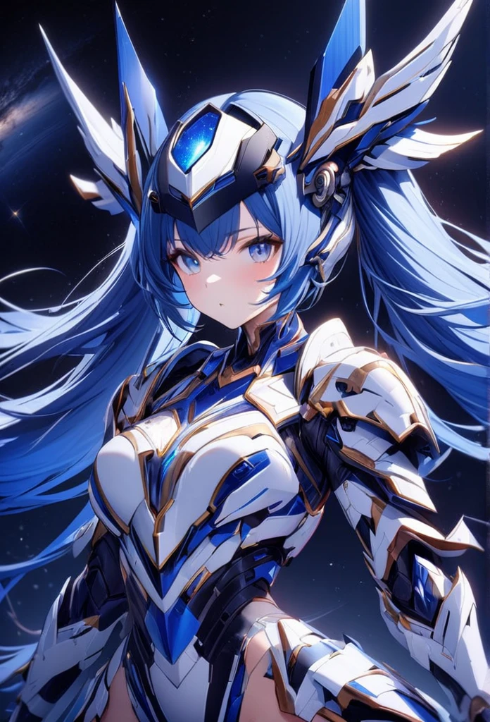High quality, high definition, hig
h precision images,8k 1 Girl Robot Girl、Blue hair,Twin tails,blue eyes、Space background, galaxy stars、
,Blue and white clothing,He's wearing flashy robot armor、(He has a long range beam rifle.)luxurious headgear,face guard


