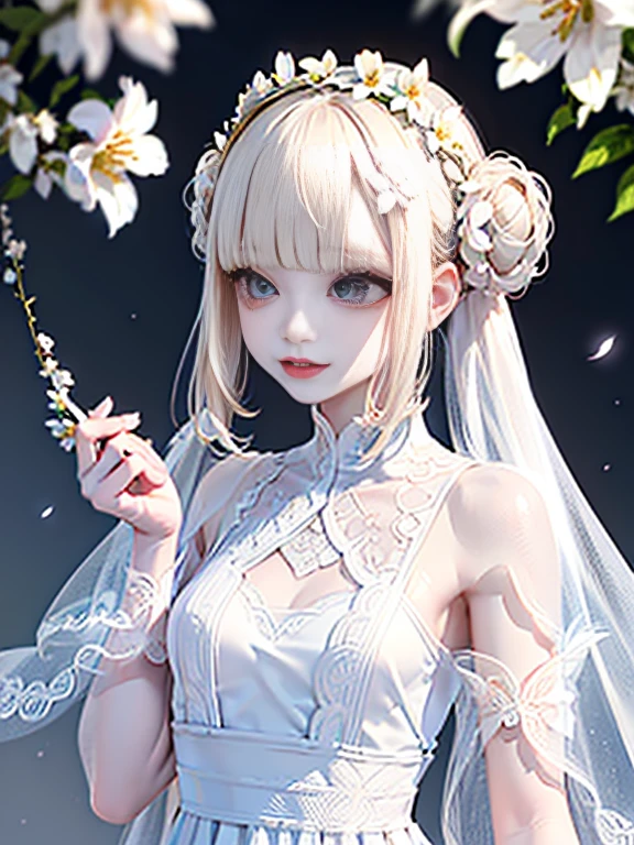 raw photo, 8k, (top-quality), Realistic, (real picture, Intricate details), (natural skin texture, detailed skin, hyper realism, sharpness), Japanese teenage girl dancing in the clear sky high, (white flowers, white petals:1.2, On the mysterious hill where white flowers bloom, jumping high), ((white dress, see-through dress, white flower hair ornament, flower crown, look far away)), (pale skin:1.2), slender body, ((light blond hair:1.3,bun hairstyle, blunt bangs)), (Parted lips:1.3, eye shadow, eyeline, tear bag:1.2, red lip, undereye circle, smile), sunlight, full body shot