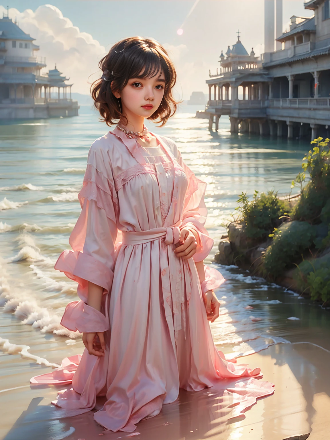 (Vision)，(panoramic:1.5)，(Wide-angle shooting:1.3)，1girl, beauty, Short brown hair，Beautiful eyes，The background is the pink sea under the sunset，Lolita style，Second Dimension，Masterpiece，High quality and high resolution，comics，Small fresh, Knee Shot(KS), UHD, retina, ccurate, anatomically correct, textured skin, super detail, award winning, best quality, 8k, 1lltnh1