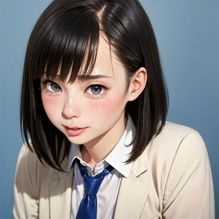 NSFW, (kawaii 24 year-old Japanese girl, Nogizaka idol, Korean idol), (glossy hair, very short hair, bangs:1.3), (beautiful black eyes, rounded face, single eyelid, no makeup, embarrassed, noseblush, crying:1.4), (sex silly, half opened mouth:1.5), (cum on face), (wearing suit jacket, collared shirt, necktie:1.3), (extra small breasts:0.9), (looking at away out of frame:1.3), BREAK, (simple blue background:1.3), (view from forward, bust shot:1.3), BREAK, (masterpiece, best quality, photo realistic, official art:1.4), (UHD, 8K quality wallpaper, high resolution, raw photo, golden ratio:1.3), (shiny skin), professional lighting, physically based rendering, award winning, (highly detailed skin, extremely detailed face and eyes), Carl Zeiss 85 mm F/1.4, depth of field, 1girl, solo,