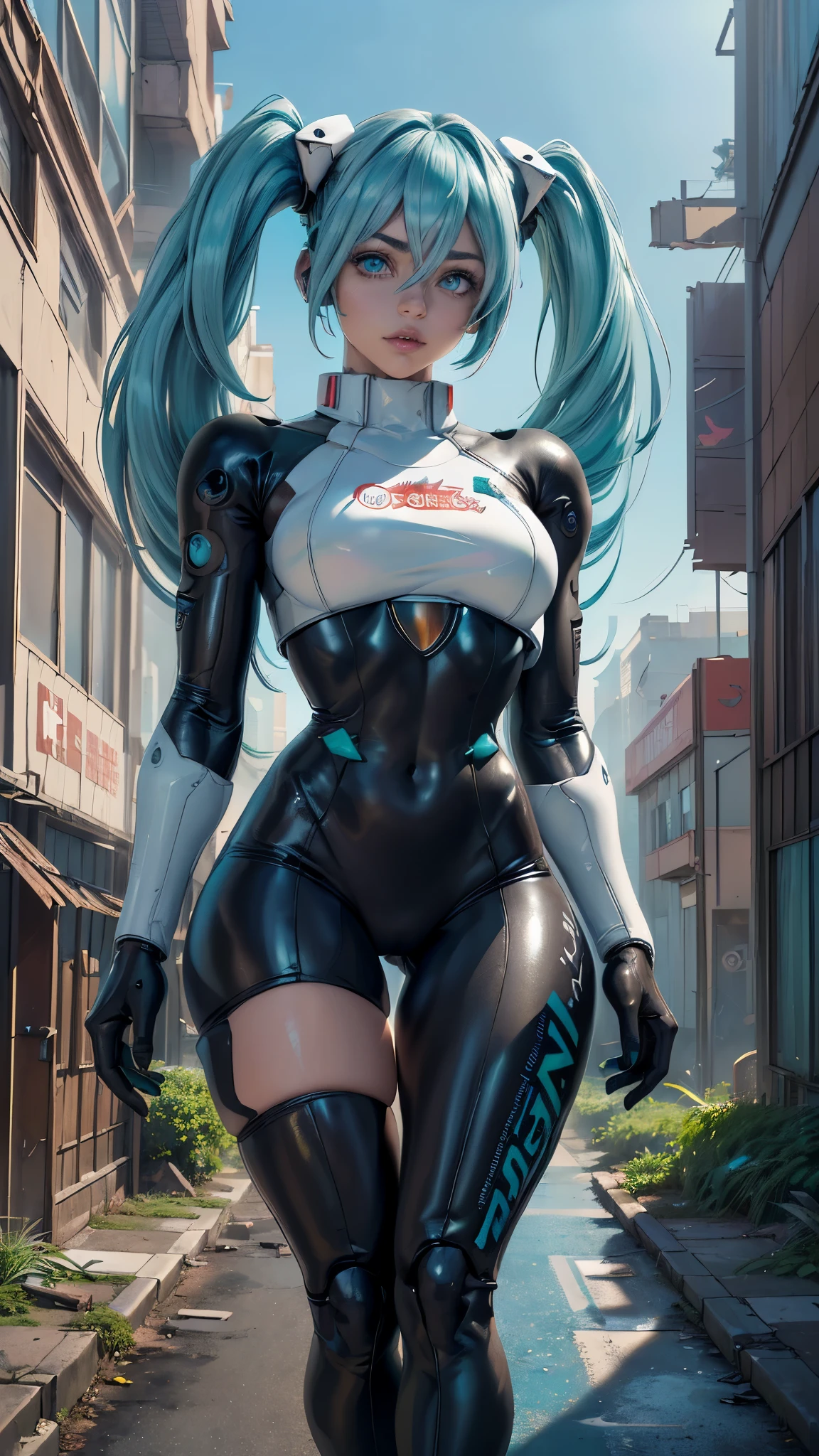 (La mejor calidad,A high resolution,Ultra - detallado,actual), Miku Hatsune, ,(Ruined alley Tokyo cyberpunk dungeon ruins background :1.4 ), pechos grandes, dynamic pose , (pelo verde colas gemelas) ,(minifalda corta blanca:1.4), cabello muy largo) , Put your arms behind your back, (ojos hermosos azules:1.4) , cara relajada, pelo de las cejas, cabello brillante,,(Fondo de ruinas de mazmorra en ruinas:1.4 ), piel brillante, una ligera sonrisa, Racing Miku, cuerpo negro, chaqueta corta, chaqueta blanca, manga larga, guantes de dos tonos, botas altas de muslo,,(Fondo de ruinas de mazmorra en ruinas nublado lluvia :1.4 ),(Obra maestra: 1.4), (8k, realista, foto cruda, La mejor calidad: 1.4),(Miku Hatsune:1.4), (Miku-hatsune V2.1), (Detalles de la cara: 1.5, (ojos azules hermosos :1.4) , (hermoso rostro, labios delgados: 1.5) , delgado, pale and sharp eyebrows, Largo, dark eyelashes, double eyelashes),manos perfectas: 1.5, (Kinematics V2.1),( dynamic pose), (perfect anatomy), (cara detallada :1.4), (no mutaciones) 