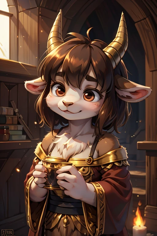 hairy goat Short stature girl , (realistic hairy fur:1.2) , round face , (tilt face:1.2) ,  round eyes , Swollen Mumps cheeks , glossy lips , in the fantasy , magician , Hero Pose