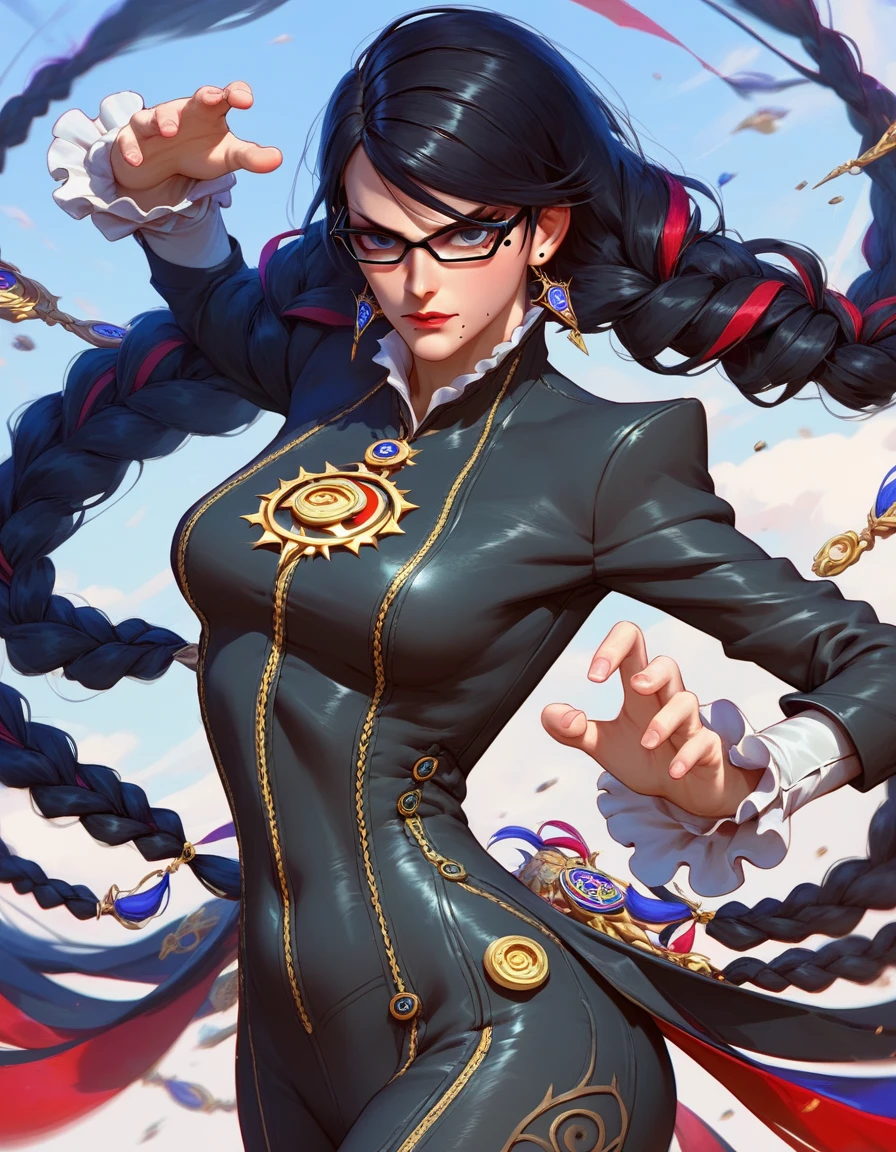 puntaje_9, puntaje_8_arriba, puntaje_7_arriba, 1 chica, Bayonetta de Bayonetta, anteojos, cabello muy largo, trenzas gemelas, traje negro, mirando al espectador, pose de acción, tiro de vaquero