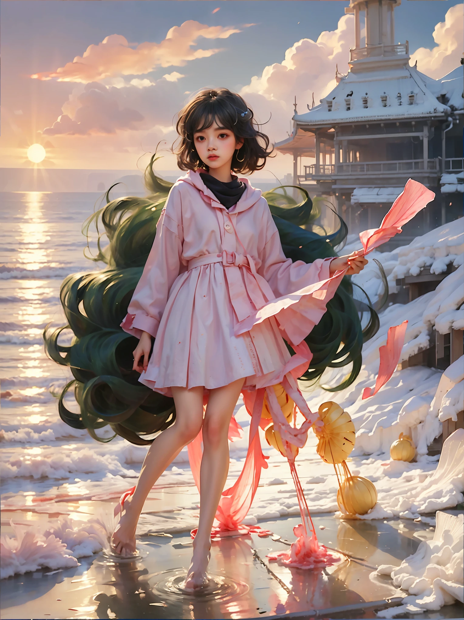 (Vision)，(panoramic:1.5)，(Wide-angle shooting:1.3)，1girl, beauty, Short brown hair，Beautiful eyes，The background is the pink sea under the sunset，Lolita style，Second Dimension，Masterpiece，High quality and high resolution，comics，Small fresh, (KneeShot:1.8), UHD, retina, ccurate, anatomically correct, textured skin, super detail, award winning, best quality, 8k