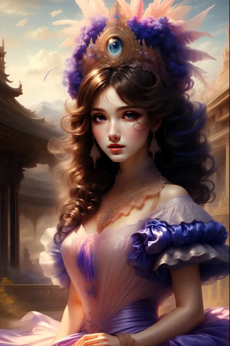 (1girl)，solo，morgana default，big breasts，eye makeup，purple wings，(perfect face shape:1.3)，extremely detailed eyes，colorful，the m...