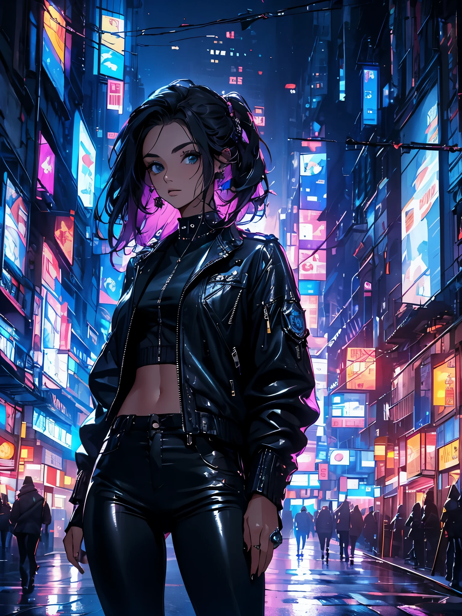 Retrato de natlp como uma bela modelo feminina, Georgia Fowler, rosto bonito, com cabelo castanho escuro curto, in cyberpunk city at night. She's wearing a leather jacket, black pants, dramatic lighting, (police badge:1.2)