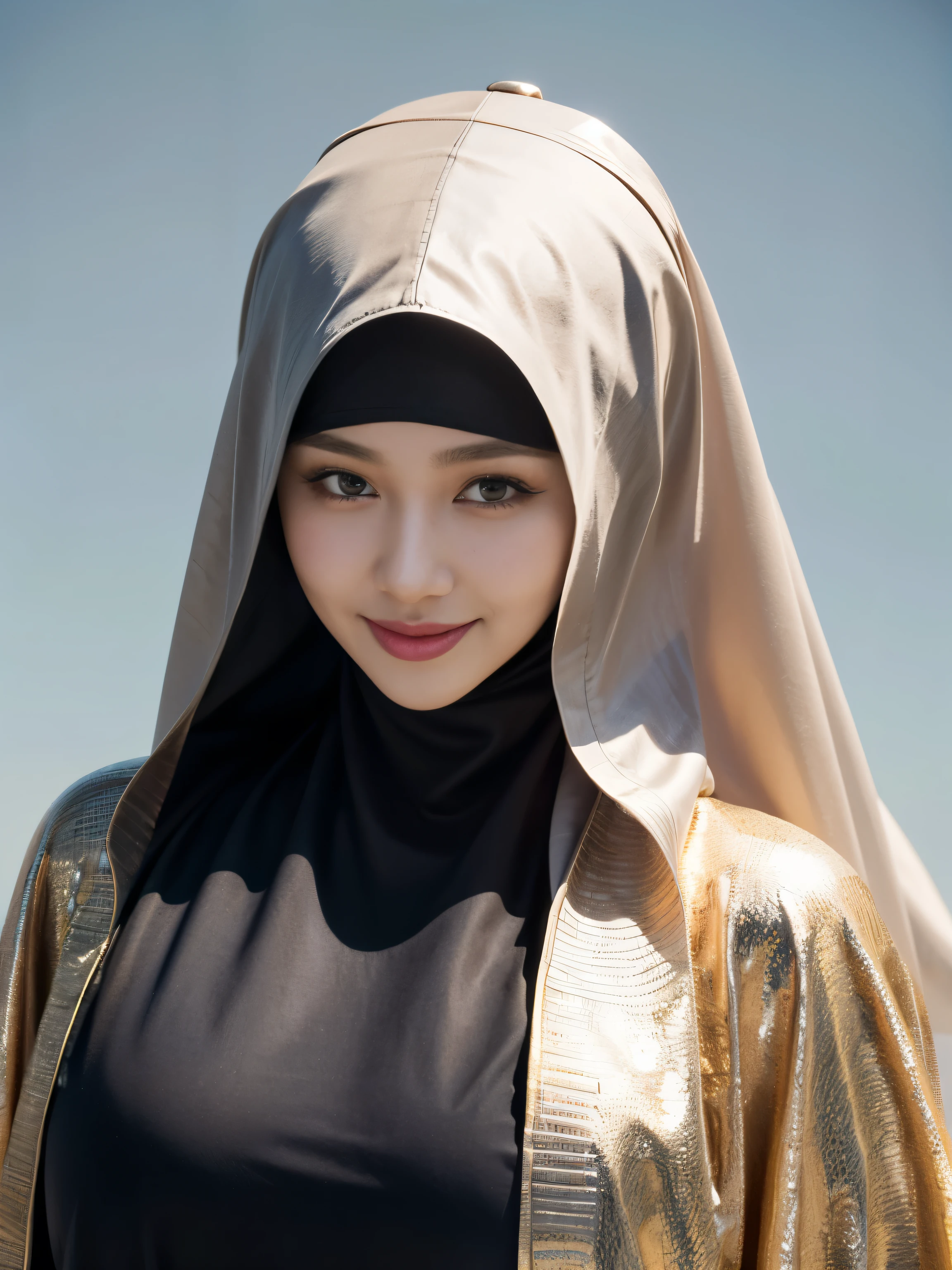 masterpiece, best quality, 4k, highres, extremely detailed 8K wallpaper, illustration, A 25 year old young woman, indonesian face, beautiful, charming face, chubby cheeks, sweet smile, wearing a hijab, (niqab:1.2), brown eyes, (symmetry), simple make-up, abaya, neat figure, taking photos, straight-on, wide shot, symmetry, half-body, ((looking at viewer)), simple background,