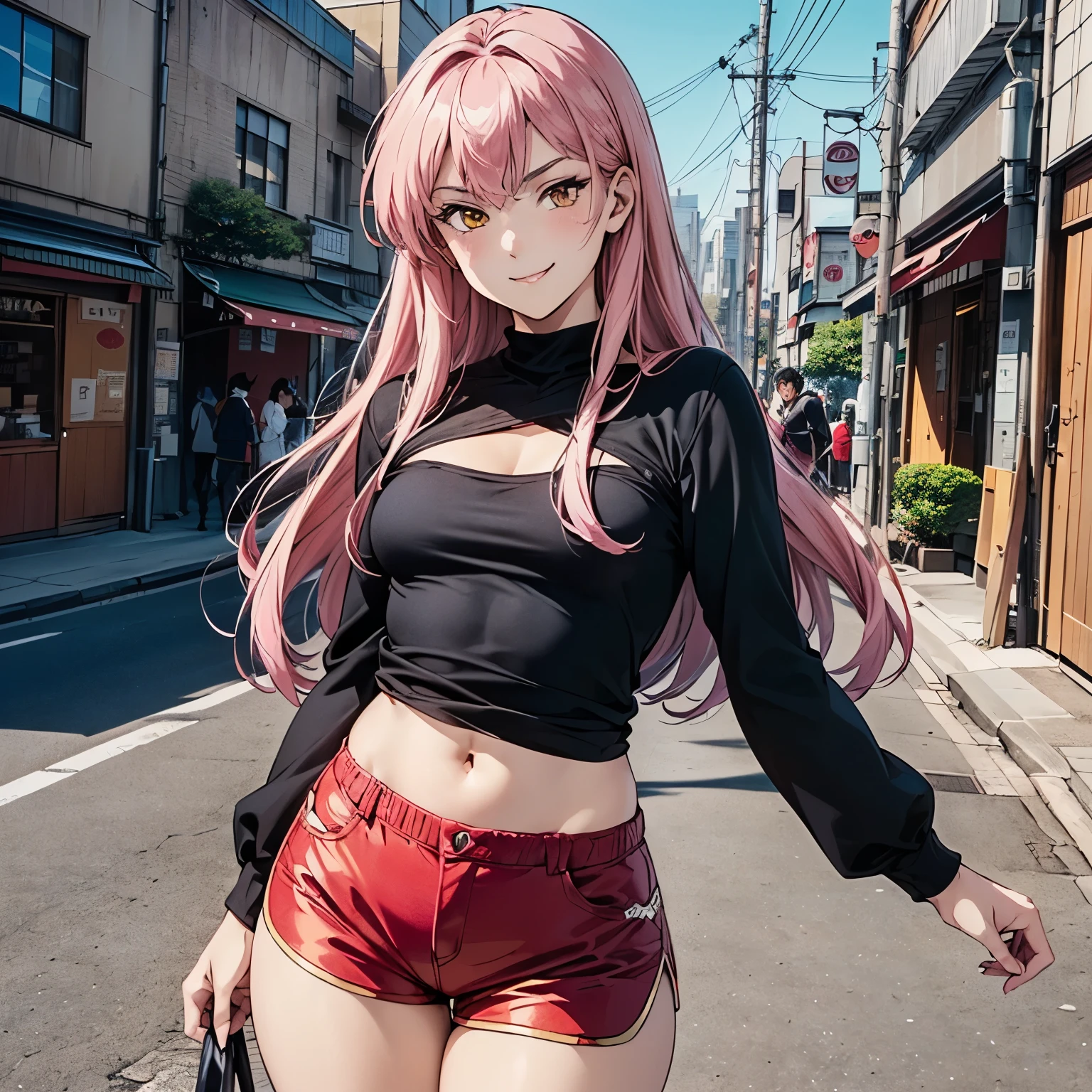 (((detailed anime style))) ((((solo)))), 1girl, alone, beautiful, pink hair, very long hair, yellow eyes, sharp eyes, very wide hips, thick thighs, (((((flat chest)))), smug smile, girly pose , japanese city, walking, cowboy shot, black male high,tight red shorts, elegant black top with long sleeves, one hand resting on the hip