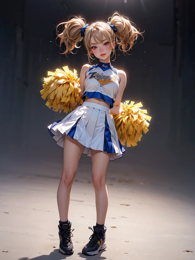 1girl, blonde, pigtails, sexy, short, perfect lips, dark makeup, cheerleader, ((Full Body Portrait)), very small, tiny, accordion skirt, perfect face, 8k, ultra detail