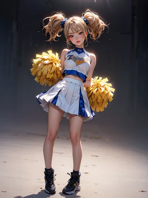 1girl, blonde, pigtails, sexy, short, perfect lips, dark makeup, cheerleader, ((Full Body Portrait)), very small, tiny, accordio...