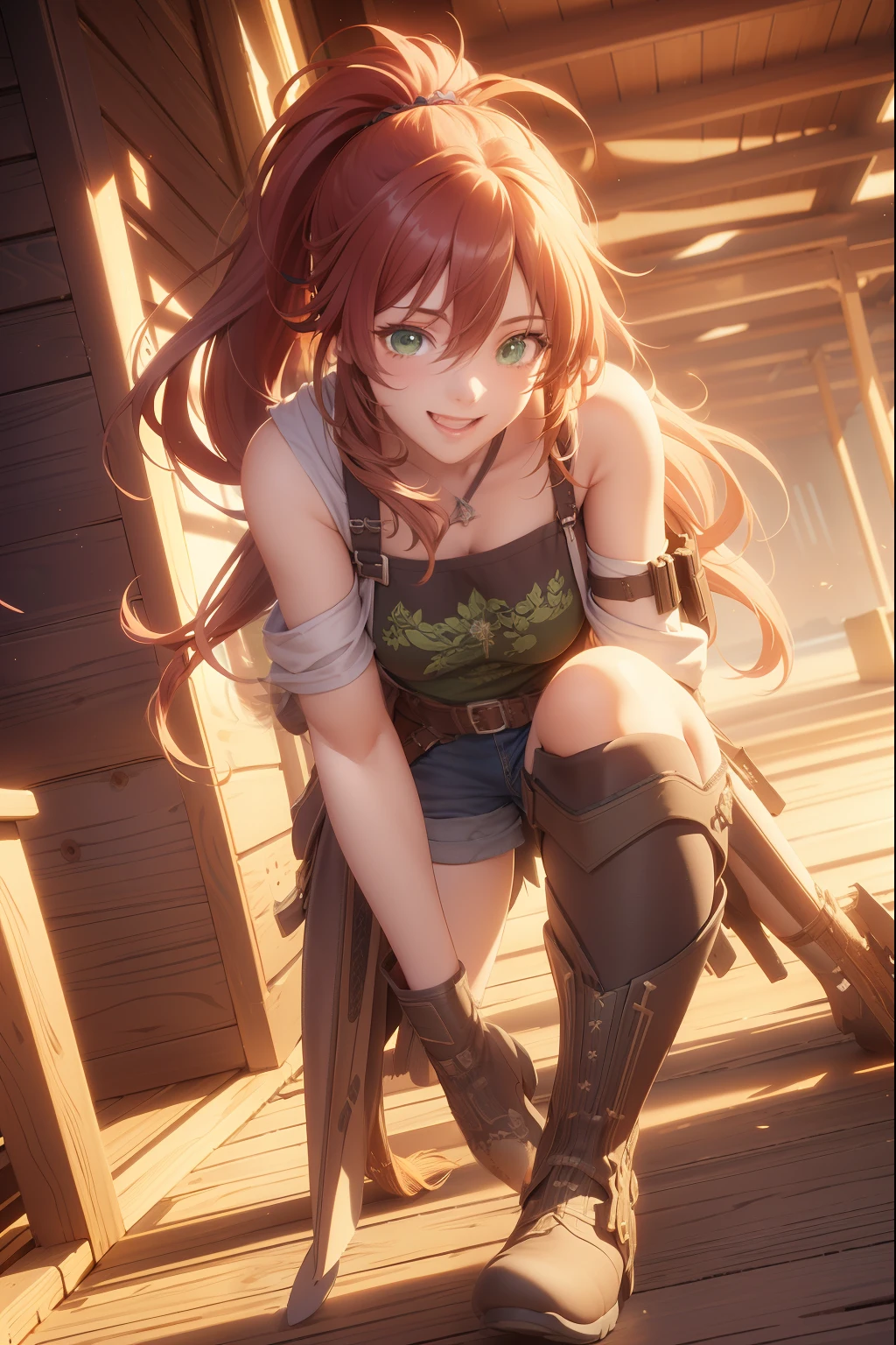 (extremely detailed CG unity 4k wallpaper),(masterpiece),(best quality),(ultra-detailed),(best illustration),(best shadow),(absurdres),(detailed background), Red long hair (Ponytail), green eyes, Daisy dukes, Smiling, Boots, Farm,