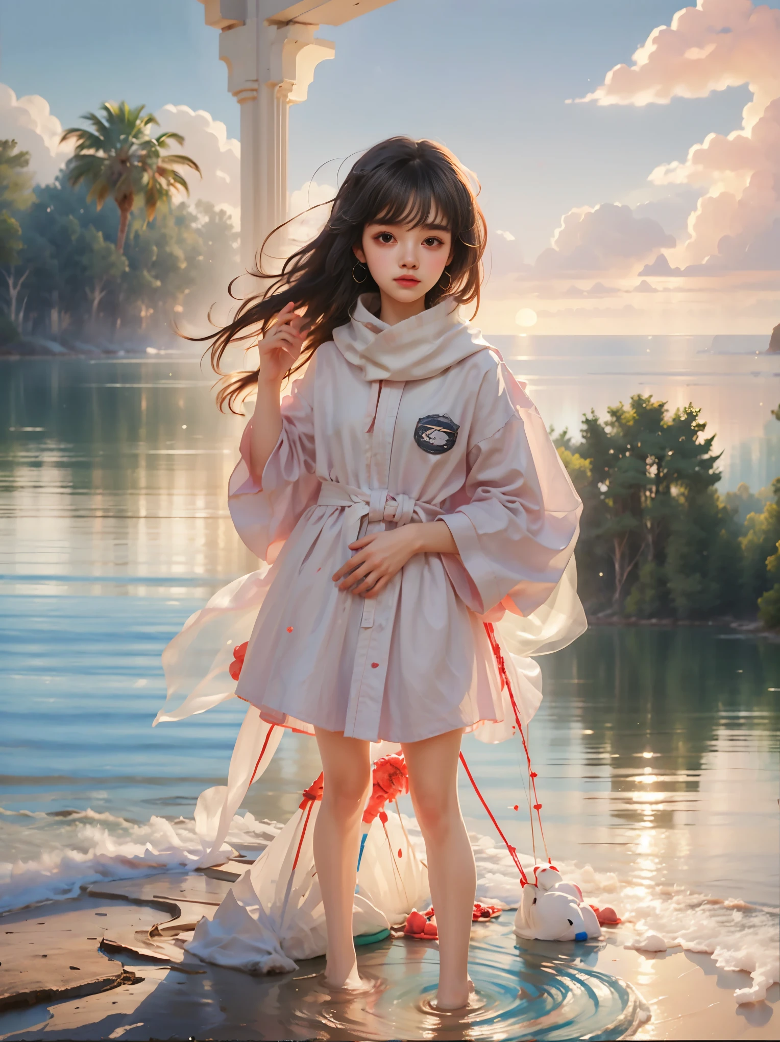 (Vision)，(panoramic:1.5)，(Wide-angle shooting:1.3)，1girl, beauty, Short brown hair，Beautiful eyes，The background is the pink sea under the sunset，Lolita style，Second Dimension，Masterpiece，High quality and high resolution，comics，Small fresh, (KneeShot:1.8), UHD, retina, ccurate, anatomically correct, textured skin, super detail, award winning, best quality, 8k