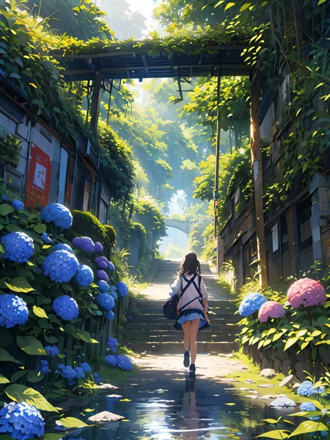 hydrangeas, parque, lago, pequena colina, caminho de seixos,anime, obra de arte, melhor qualidade, anatomicamente correto, detal...