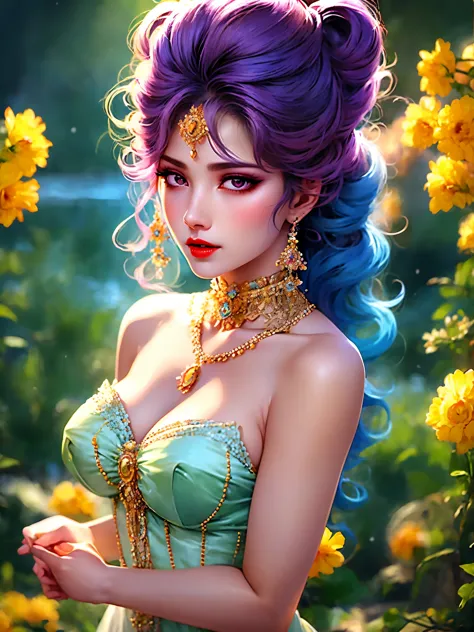 Full color, motley, Gorgeous vamp woman, A bold look, a gold, Pink, Yellow, mint, Crimson, blau, lilac, Gradient hair, long wavy...