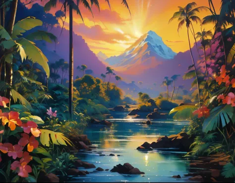 A tropical landscape painting with mountains in the background, Beautiful art UHD 4K, Detailed 4k, colorful、Rich in details, sty...