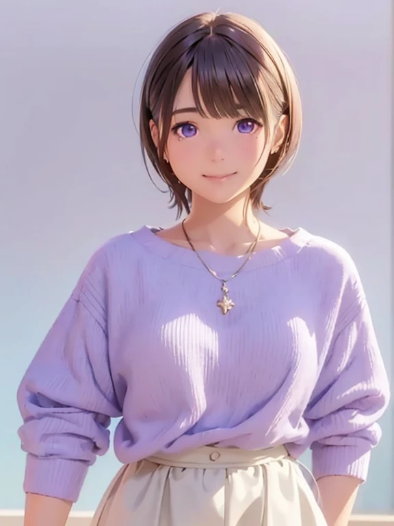 High resolution,In 8K,highest quality,detailed,Semi-realistic anime,Anime 3D Style,Smooth anime CG,One Girl,19-year-old woman in Japan,slim,Modeled,Shiny brown hair,Medium Hair,detailedな顔,Beautiful and detailed,Glowing Skin,Lilac sweater,necklace,straggling hair,Angelic hairstyle,Small breasts,Observe the audience,((deep ultramarine eyes)),((Shut your mouth.)),((Cheerful laughter))