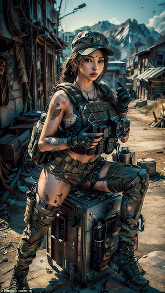 (Photographic:1.3, 16K, highest quality, masterpiece, Ultra-high resolution), Perfect dynamic composition:1.2, Highly detailed skin and face textures:1.2, Covered in scars:1.2, (Post-apocalyptic world:1.0, Contrasting with the desolate background:1.0, Increase the disruptive element:1.0, Debris and impurities scattered around:1.0), (Action pose:1.0, Professional camera work:1.0, Aim with a gun:1.0), Very detailed, Beautiful Japanese women serving in the US military, Incredibly slim body, Fair skin, Very beautiful face, Stern expression, (Automatic rifle:1.0, Bulletproof vest:1.0, Torn military uniform:1.0, Backpack:1.0, boots:1.0), Shapely breasts, Chest gap, Big eyes that exude beautiful eroticism, Lips that exude beautiful eroticism, Cowboy Shot, necklace, Earrings, bracelet, Tattoo, military cap