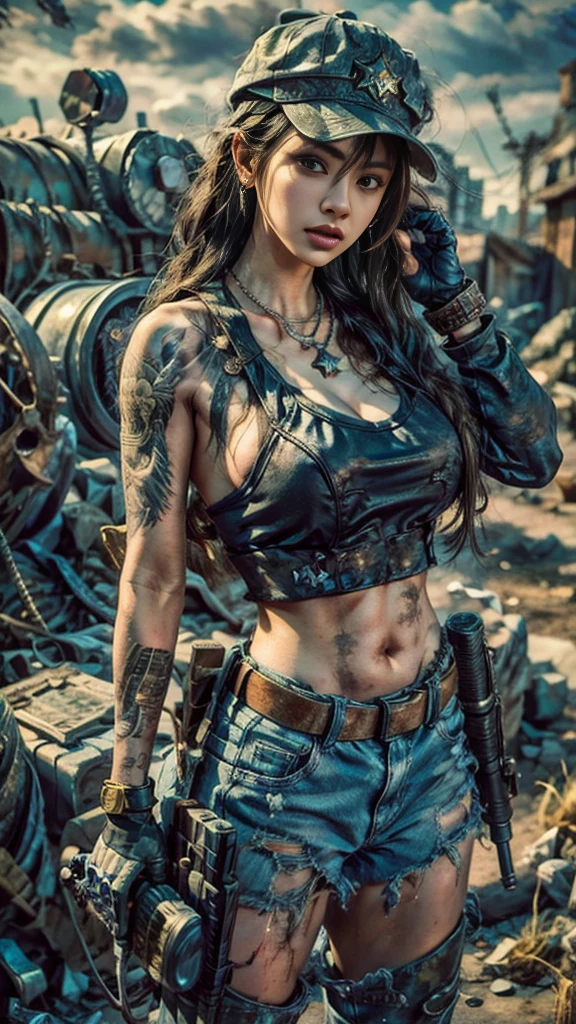 (photograph:1.3, 16K, highest quality, masterpiece, Ultra-high resolution), Perfect dynamic composition:1.2, Highly detailed skin and face textures:1.2, Covered in scars:1.2, (Post-apocalyptic world:1.0, Contrasting with the desolate background:1.0, Increase the destructive element:1.0, Garbage and impurities scattered around:1.0), (Action pose:1.0, Professional camera work:1.0, Aim with a gun:1.0), Very detailed, Beautiful Japanese Women Serving in the U.S. Military, Incredibly slim body, Fair skin, Very beautiful face, Stern expression, (Automatic rifle:1.0, Bulletproof vest:0.5, Torn military uniform:1.0, Backpack:0.5, boots:0.5), Shapely breasts, Chest gap, Big eyes that exude beautiful eroticism, Lips that exude beautiful eroticism, Cowboy Shot, necklace, Earrings, bracelet, tattoo, military cap