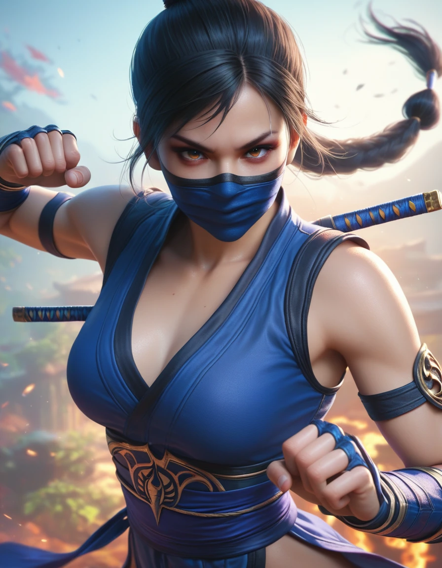 pontuação_9, pontuação_8_acima, pontuação_7_acima, 1 garota, kitana do mortal kombat, máscara facial, Olhando para o visualizador, pose de ação, tiro de vaqueiro