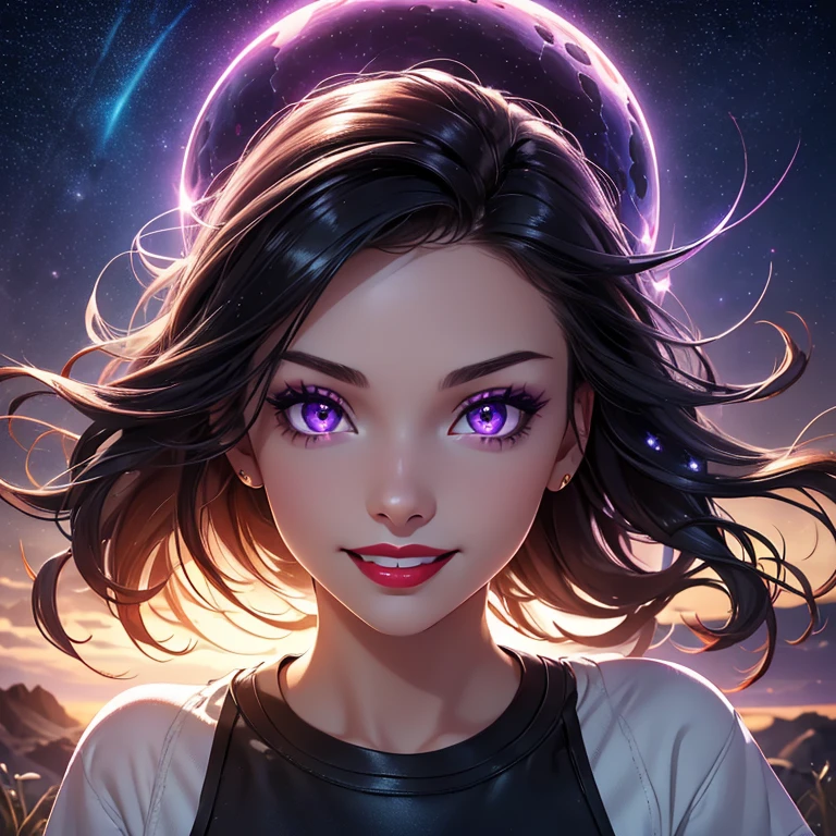 masterpiece, best quality, 8K wallpaper, HDR, octane rendering. A girl, admiring the stars using a telescope, wearing (white cropped t-shirt, shorts:1.25), night sky with bright multicolored stars, detailed and beautiful scenery, the girl has (messy and tied hair, shiny black hair:1, 2), (beautiful, detailed face with perfect symmetry), (beautiful, detailed purple eyes), (red lips, smile, teeth: 1,2), (body with perfect anatomy, perfect natural texture, high details, glowing skin) cinematic lighting, vivid colors, detailed illustration, depth of field.