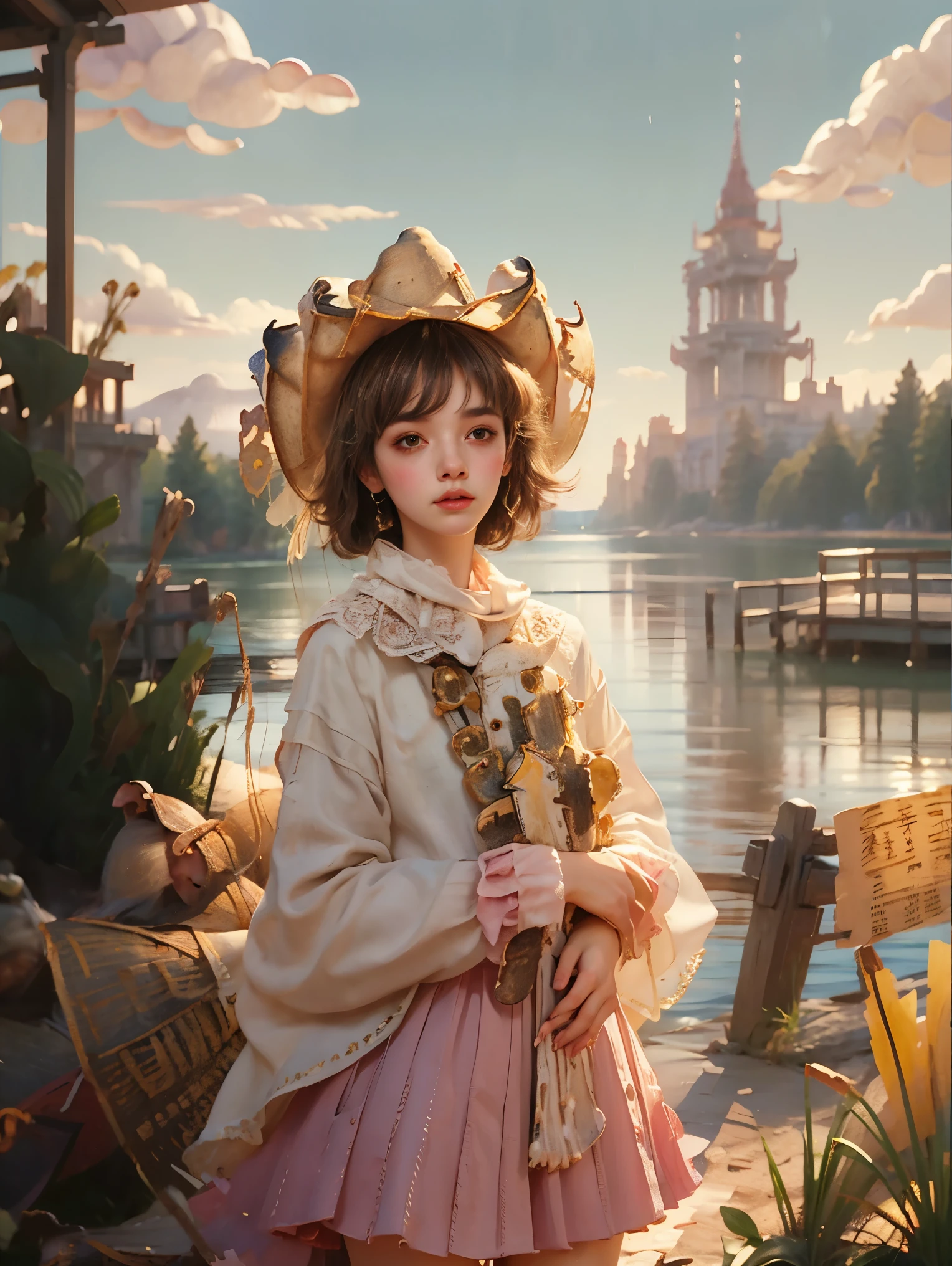 (Vision)，(panoramic:1.5)，(Wide-angle shooting:1.3)，1girl, beauty, Short brown hair，Beautiful eyes，The background is the pink sea under the sunset，Lolita style，Second Dimension，Masterpiece，High quality and high resolution，comics，Small fresh, (cowboy shot:1.8), UHD, retina, ccurate, anatomically correct, textured skin, super detail, award winning, best quality, 8k