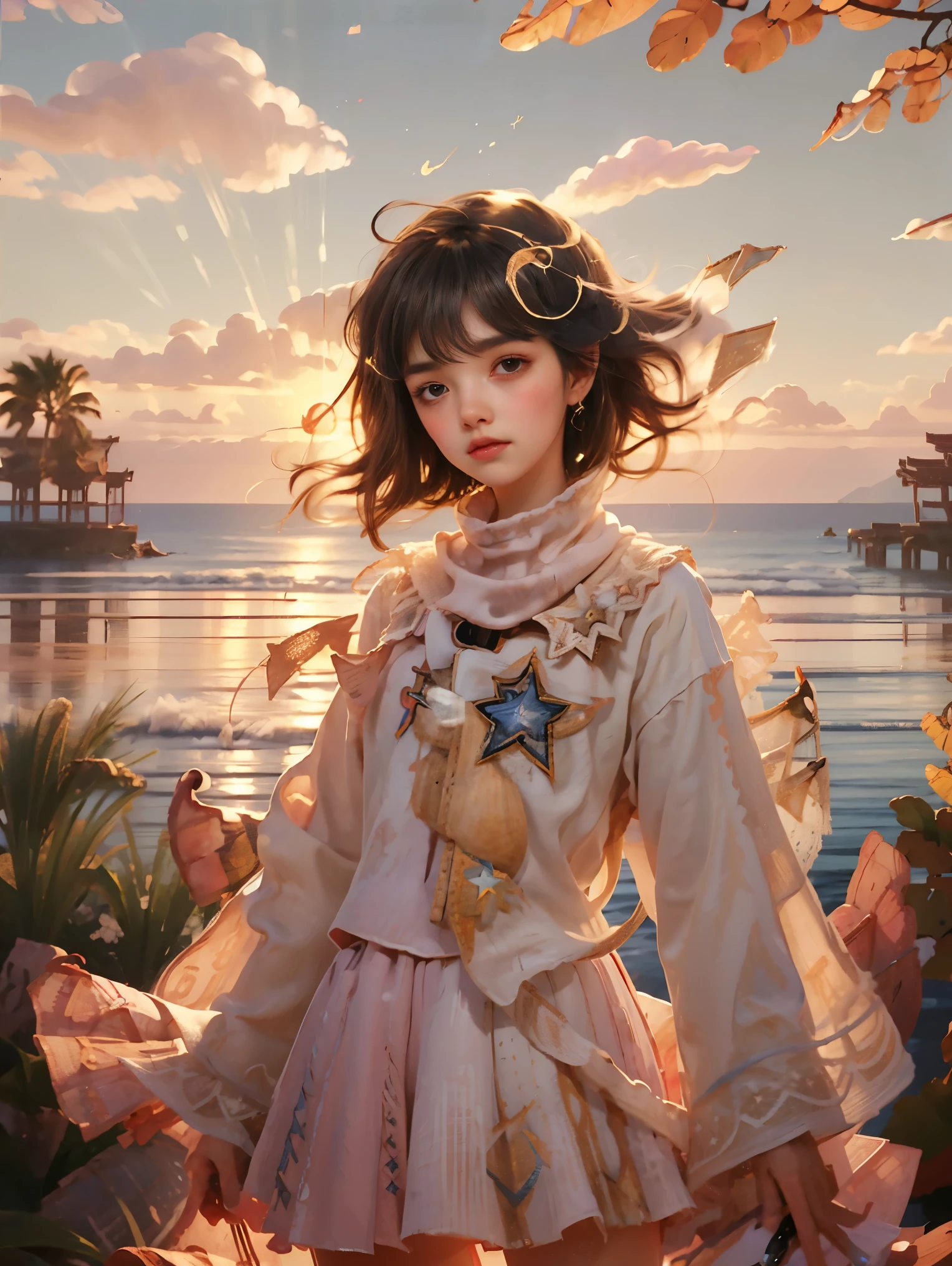 (Vision)，(panoramic:1.5)，(Wide-angle shooting:1.3)，1girl, beauty, Short brown hair，Beautiful eyes，The background is the pink sea under the sunset，Lolita style，Second Dimension，Masterpiece，High quality and high resolution，comics，Small fresh, (cowboy shot:1.8), UHD, retina, ccurate, anatomically correct, textured skin, super detail, award winning, best quality, 8k