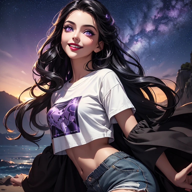 masterpiece, best quality, 8K wallpaper, HDR, octane rendering. A girl, admiring the stars using a telescope, wearing (white cropped t-shirt, shorts:1.25), night sky with bright multicolored stars, detailed and beautiful scenery, the girl has (messy and tied hair, shiny black hair:1, 2), (beautiful, detailed face with perfect symmetry), (beautiful, detailed purple eyes), (red lips, smile, teeth: 1,2), (body with perfect anatomy, perfect natural texture, high details, glowing skin) cinematic lighting, vivid colors, detailed illustration, depth of field.