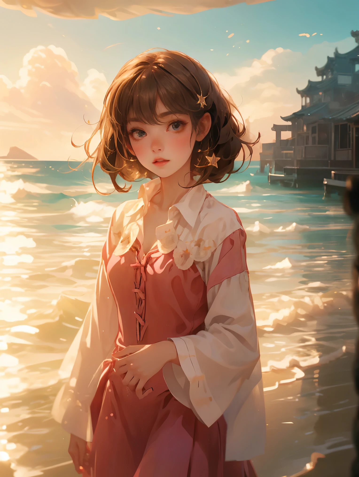 (Vision)，(panoramic:1.5)，(Wide-angle shooting:1.3)，1girl, beauty, Short brown hair，Beautiful eyes，The background is the pink sea under the sunset，Lolita style，Second Dimension，Masterpiece，High quality and high resolution，comics，Small fresh, (cowboy shot:1.8), UHD, retina, ccurate, anatomically correct, textured skin, super detail, award winning, best quality, 8k