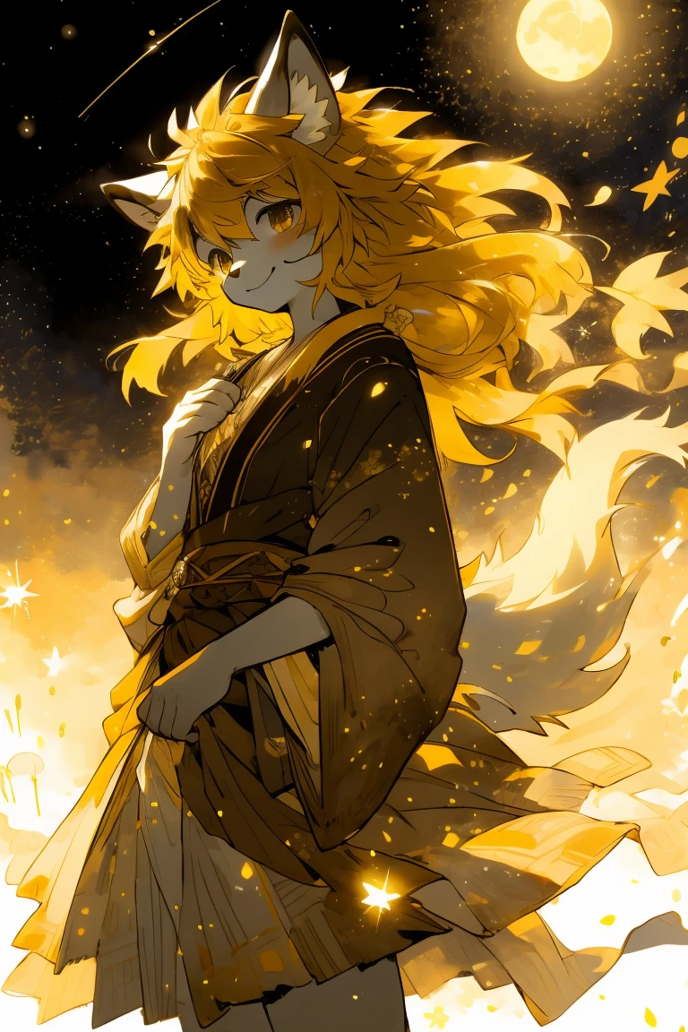 monochrome, watercolor, high resolution, top quality, best quality, Paid rewards available, High-quality illustrations, An unrivalled masterpiece, Perfect work of art, absurdes, night，Stars shine，girl, Beast field, hairy, Detailed body fur, Animal Face, Animal hands, Smile,  arctic fox，Brownish-yellow hair，Long hair，A gentle breeze blows，Brown tail，hairy tail，exotic，Gorgeous dress，bonfire，Tsukishita Dokubu，Fan creations shared on Pixiv or other platforms ,