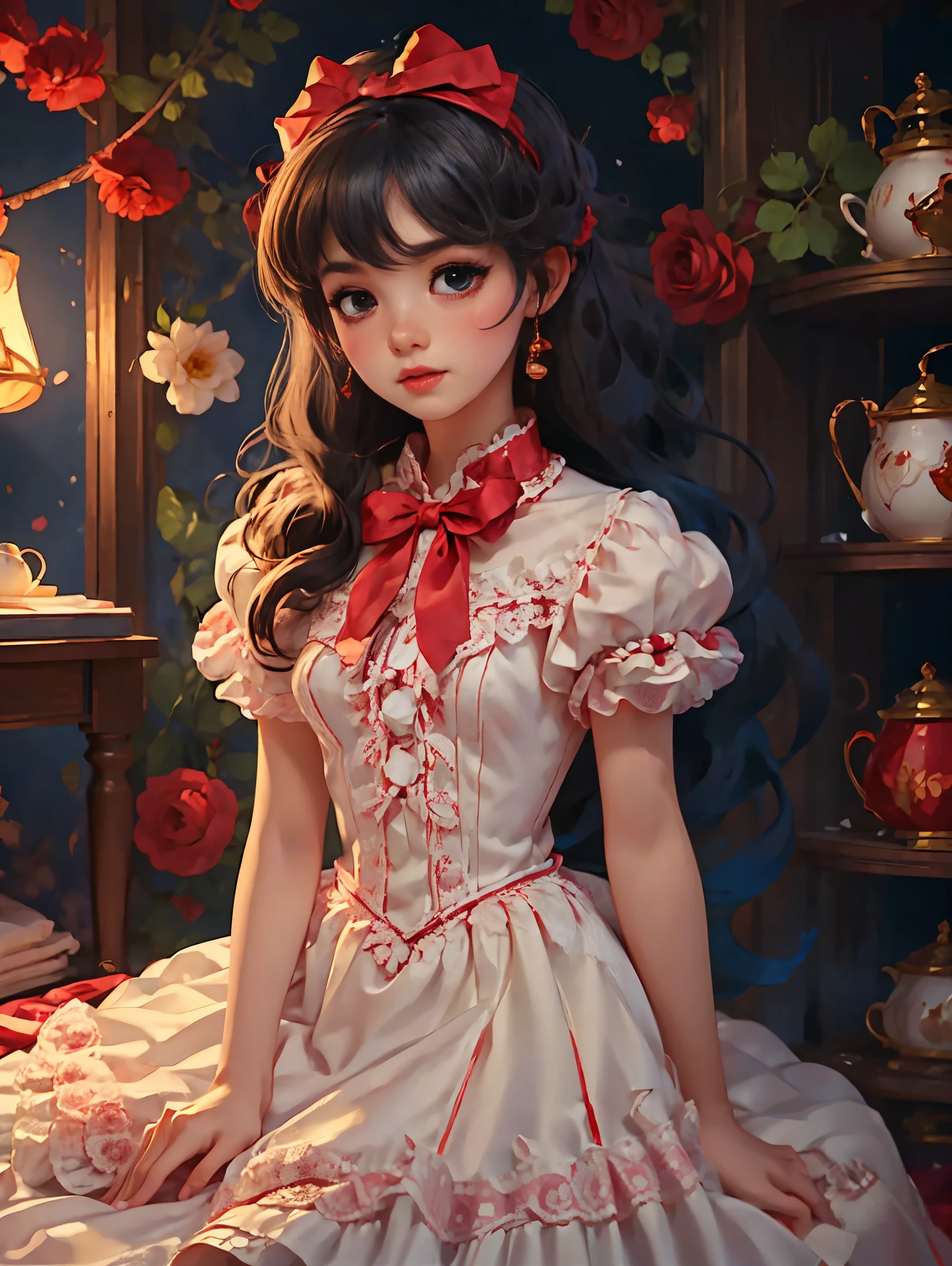 1girl, beauty, Wearing a rose-red Lolita magic dress，Beautiful eyes，Beautiful hair accessories，背景是beauty的魔法室，Lolita style，Second Dimension，Masterpiece，High quality and high resolution，comics，Small fresh, cowboy shot, UHD, retina, ccurate, anatomically correct, textured skin, super detail, award winning, best quality, 8k, 1lltnh1