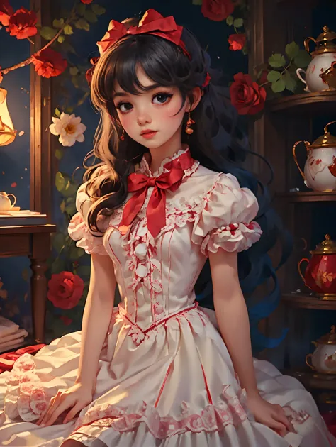 1girl, beauty, Wearing a rose-red Lolita magic dress，Beautiful eyes，Beautiful hair accessories，背景是beauty的魔法室，Lolita style，Second...