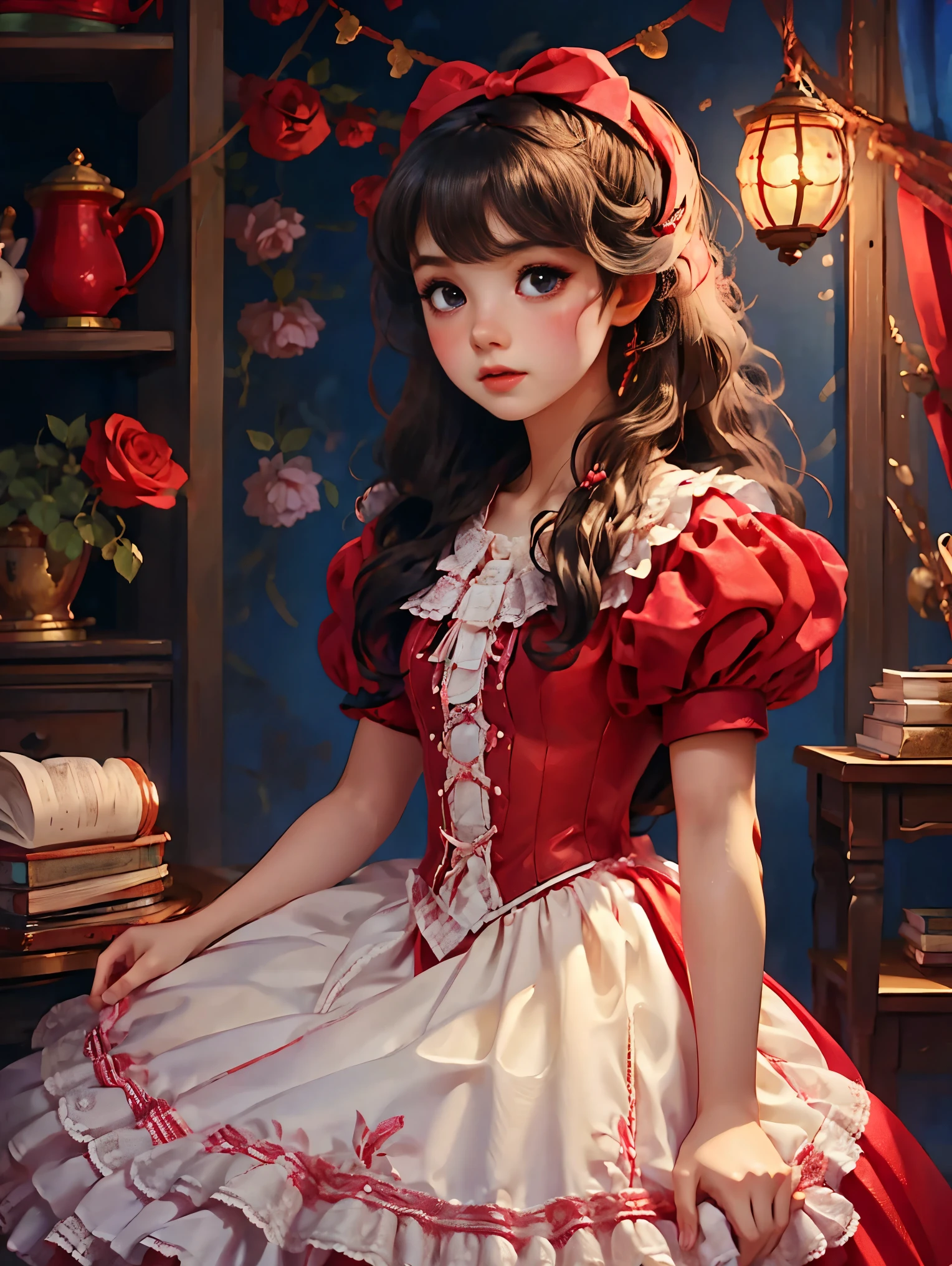 1girl, beauty, Wearing a rose-red Lolita magic dress，Beautiful eyes，Beautiful hair accessories，背景是beauty的魔法室，Lolita style，Second Dimension，Masterpiece，High quality and high resolution，comics，Small fresh, cowboy shot, UHD, retina, ccurate, anatomically correct, textured skin, super detail, award winning, best quality, 8k, 1lltnh1