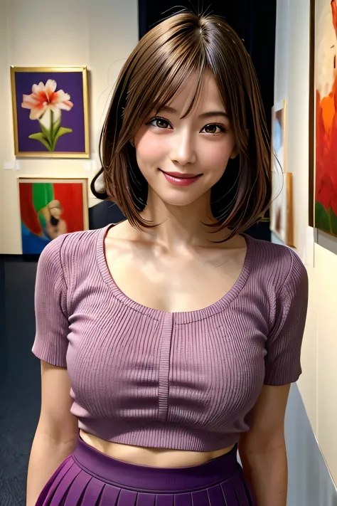 (1. The Ultimate Beauty), Very detailedな顔, Beautiful brown eyes, double eyelid, Slightly thick detailed lip, Short black hair, (Light purple blouse:1.2), (Red tight mini skirt:1.4), Light pink panties, (Huge breasts), A light smile, (close), Thighs, Perfec...