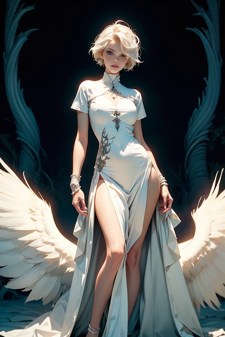 CG K Ultrarealistic ,((premium、8k、32K、masterpiece、NffSW:1.3)), (superfine illustration)、(super high resolution), (((adult body))), (((1 girl with white wings on her back:1.5))), ((( short hair bob ))), 2 cyberpunk gladiator with perfect body, Shoulder pads with metal spikes., Gladiadores in Brooklyn, (( short hair bob )), Torn rugby team t-shirt, Almost naked in the wild urban style of Simon Bisley, short blonde hair, minimal clothing, Metallic protection on the left arm with complex graphics..., Dark red with white stars and blue and white stripes., armor, Full of spikes and rivets., poison tattoo (((Image from the knee up))), short white blonde hair, In the background、 There is a wall with an intricate design painted by Shepard Fairey...