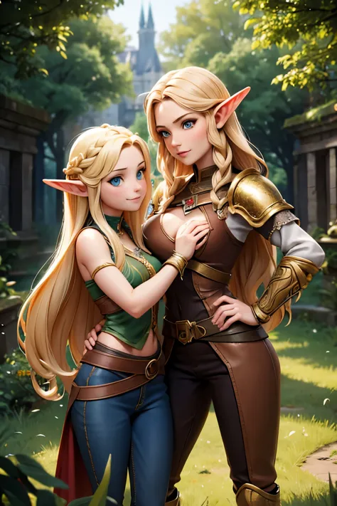 photorealistic, a high resolution, 2 beautiful female elf warriors, ((twins)), long braided golden hair, (wear elven baroque arm...