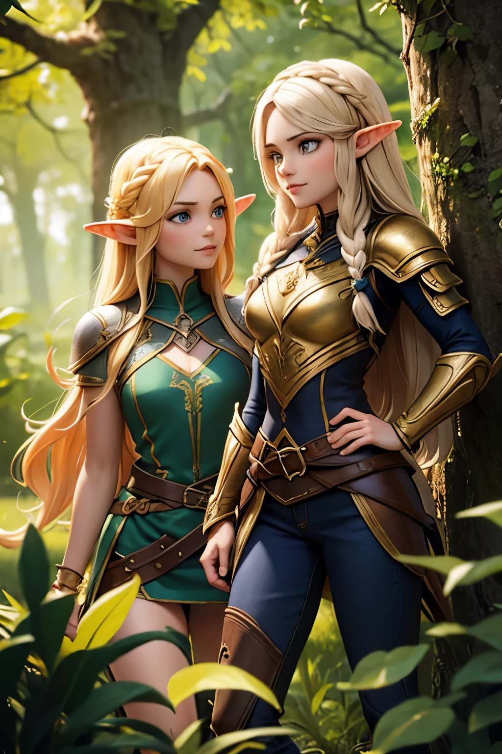 photorealistic, a high resolution, 2 beautiful female elf warriors, ((twins)), long braided golden hair, (wear elven baroque armor), battle-worn, magic, jeans, short top, smiling, fantasy, dynamic pose, background of castle ruins in the forest, dramatic, Chromatic aberration.