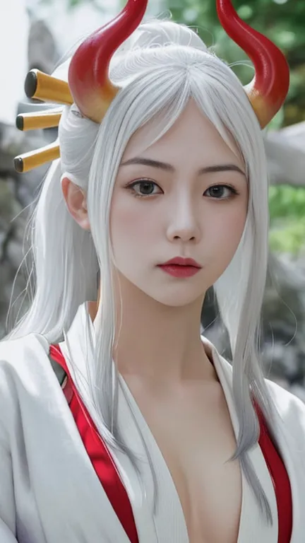 yamato, beautiful girl, white hair,there are red horns on the head, wearing a bare-chested shrine maiden.