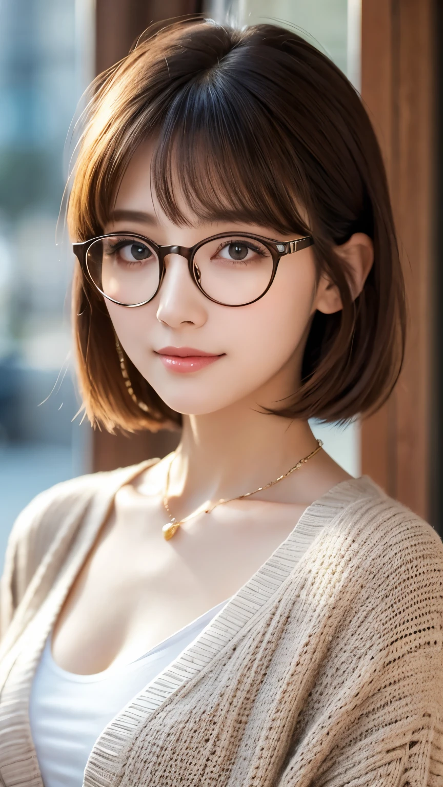 gorgeous adult woman, long neck, long short hair, bangs, perfect eyes eyes, soft light, high quality, 4k resolution, casual clothes, bead necklace, knit cardigan, over-rim eyewear, bespectacled