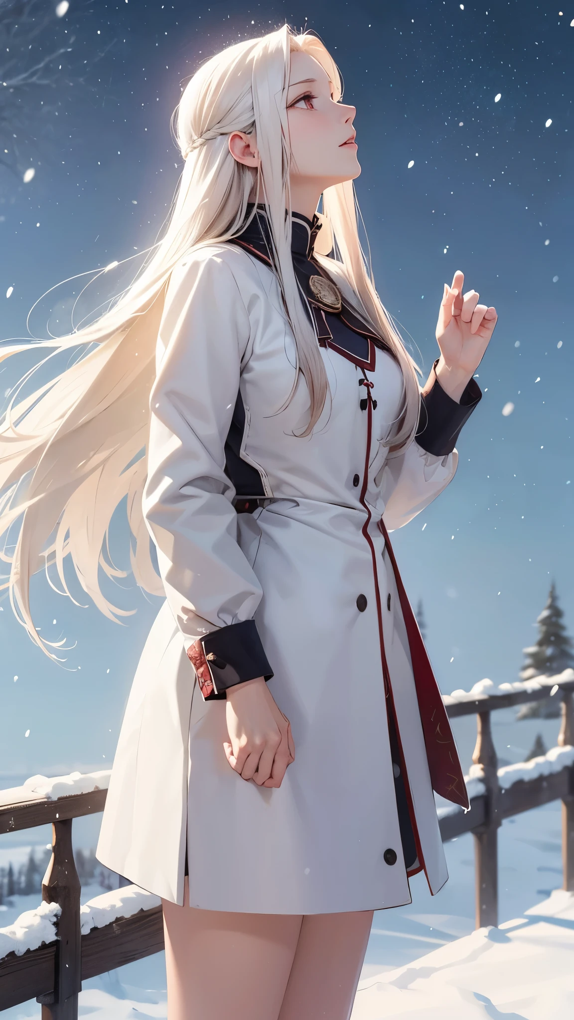 Masterpieces, best quality, high details, (irisviel von einzbern), cattle background, winter, It's snowing, she stand alone and look up at the sky,