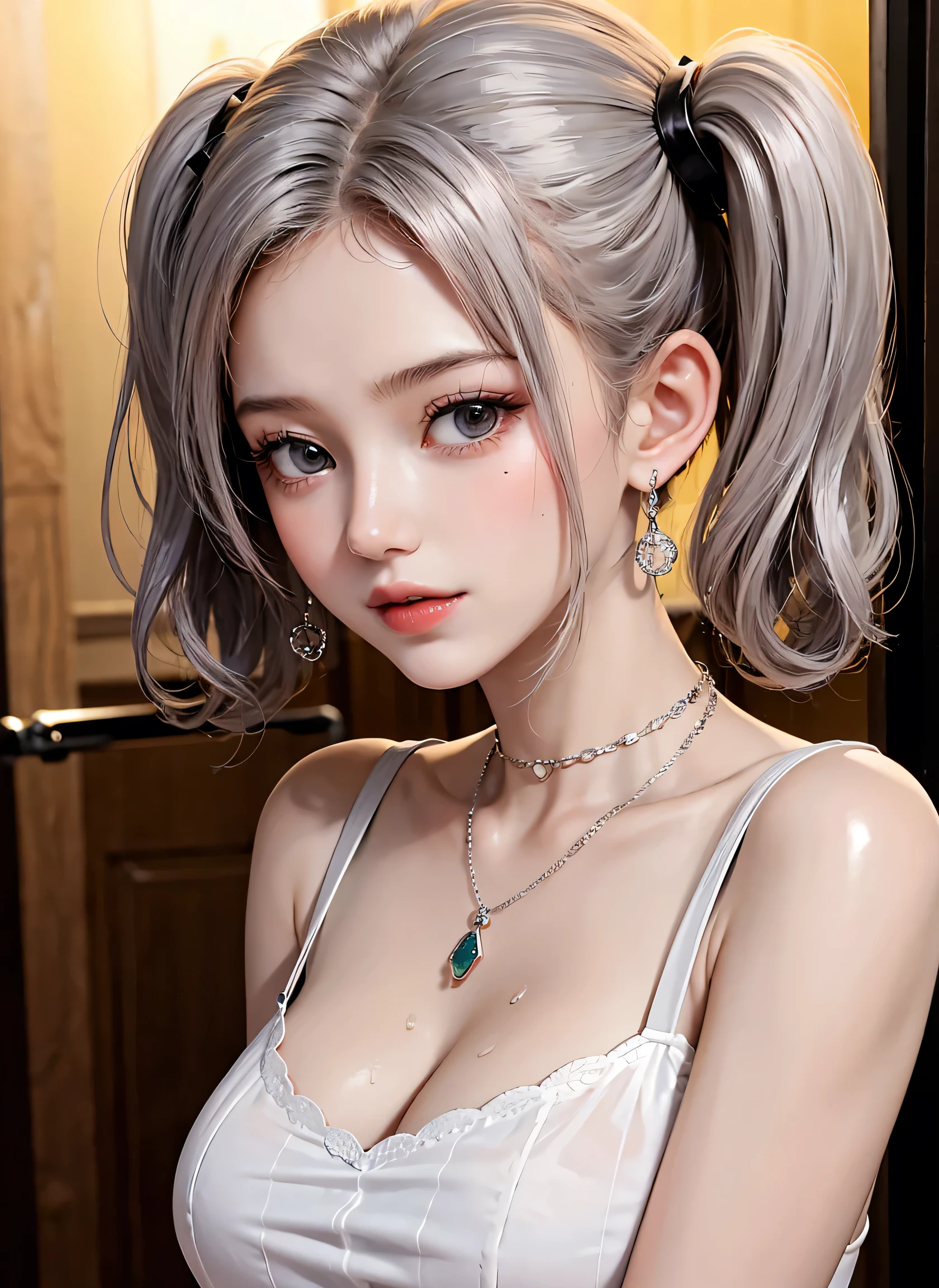 high quality, Lots of details, A girl with silver hair and twin tails poses cutely. They are wearing vintage sexy clothes., Putting on a bracelet, Earrings and Necklaces. I can see big things, Cleavage, Shining Breasts, Sweat drips from her cleavage, Sexy vibe.