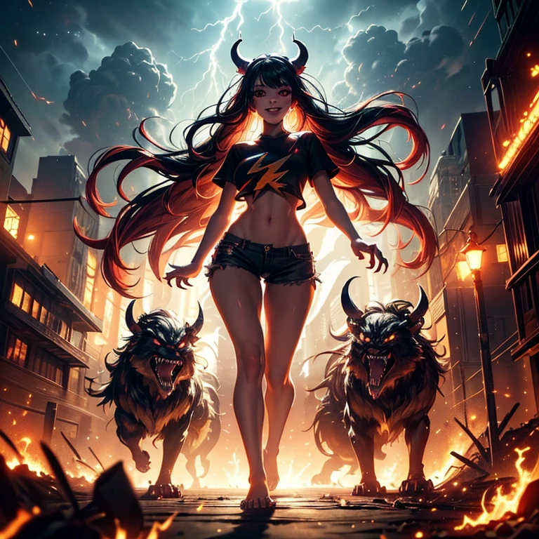 masterpiece, best quality, 8K wallpaper, HDR, octane rendering. A girl, alone, full body, (cut t-shirt), (short black shorts), barefoot, ((limbs mutated and transformed into huge beast claws, shadows form the beast's large jaws)), street, night, sky cloudy with ((lightning)), ((lightning: 1.1)), buildings in the background, detailed scenery, the girl has (messy and tied hair, shiny black hair:1,2), (beautiful and detailed face with perfect symmetry) , (beautiful, detailed red eyes), (red lips, smile, teeth: 1,2), (body with perfect anatomy, perfect natural texture, high details, glowing skin) cinematic lighting, vivid colors, detailed illustration, depth of field .