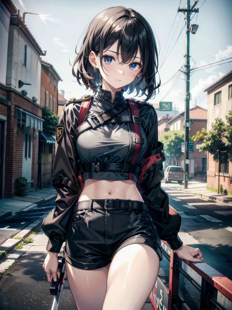 whole body, long sword, Black military uniform, Ladies' military vests, absurdres, RAW photo, extremely delicate and beautiful, masterpiece, Best Quality, ultra high resolution, 32k, hyperrealistic, ultra-detailed, tearful mole, earring, short medium hair, wavy hair, urban backdrop, shorts, midriff, 